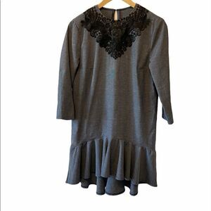 Blue Ruffle Lace Trim Collar Loose Fit Dress